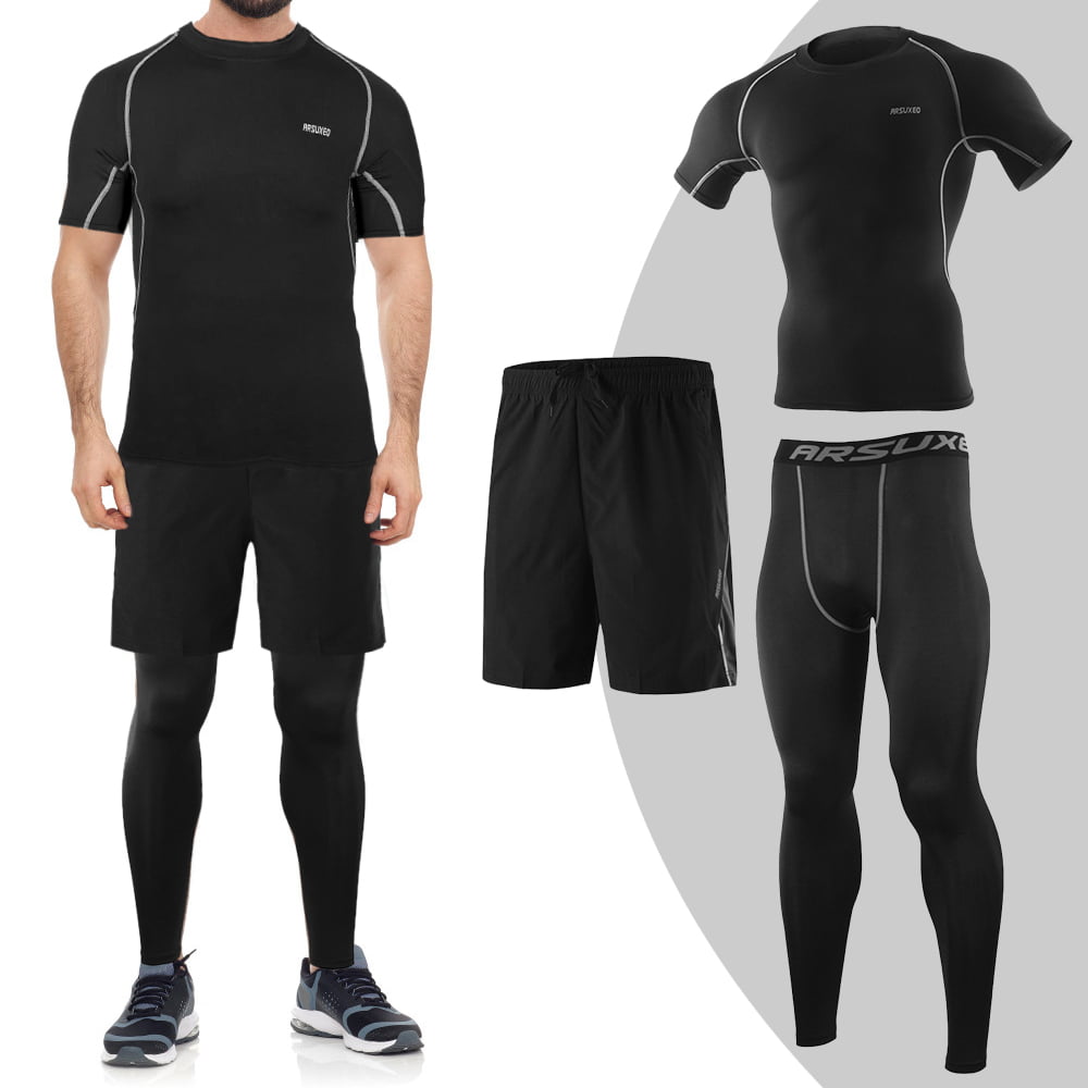 Mens Workout Outfit Set Fitness Kit Compression Pants,Shorts,Jacket and Short Sleeve 4PCS